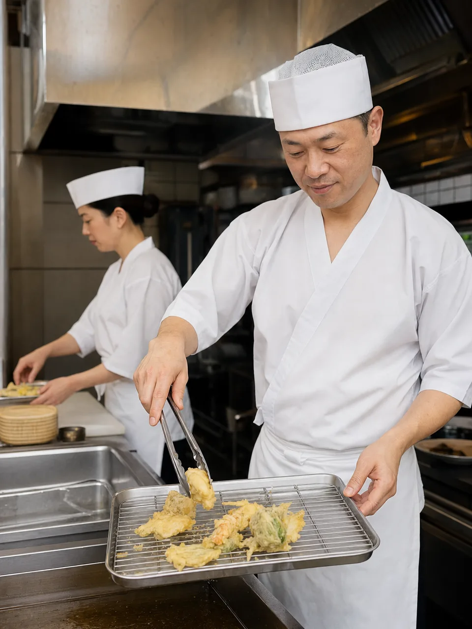 天ぷらを仕上げる日本人料理人（自然な縦位置写真）。天ぷら、和食、料理人、飲食店の記事に使える食素材です。