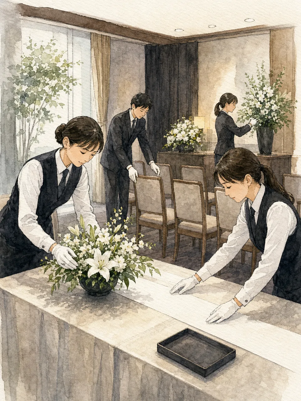 式場を整える日本人葬祭スタッフ（手描き水彩）。葬祭スタッフ、葬儀社、式場準備、家族支援の記事向け素材です。