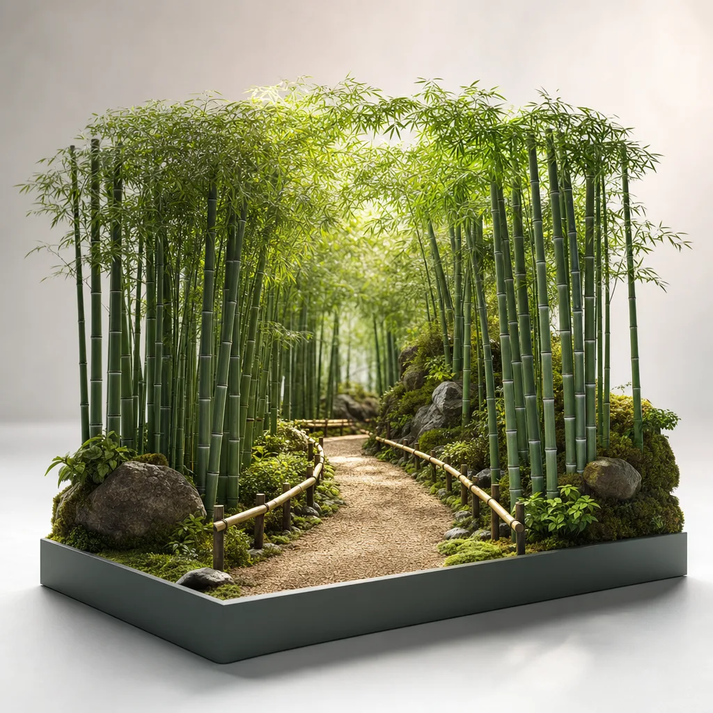 静かな竹林の背景（立体ディスプレイ）。竹林、新緑、和風、自然背景に使える素材です。