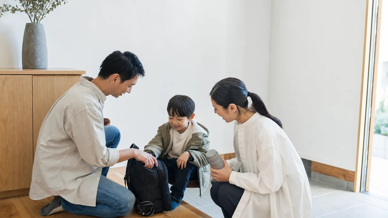登校準備を協力する日本人の親（横長・コピースペース）。登校準備、共同育児、子育て、共働き家庭の記事や案内に使える商用素材です。