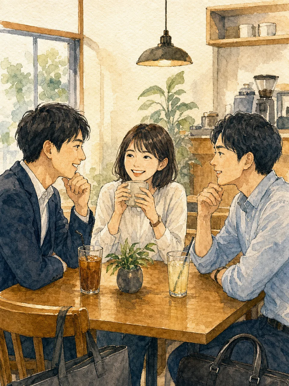 仕事帰りに話す日本人の友人（手描き水彩）。仕事帰りのノンアルカフェ、退勤後の友人との会話、仕事帰り、友人の記事や案内に使える商用素材です。