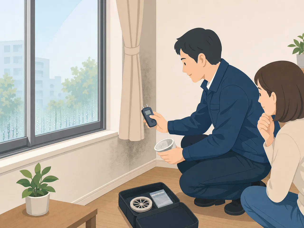 住宅の湿気を調べる日本人専門家（フラットイラスト）。湿気対策、結露、カビ予防、住宅診断の記事や案内に使える商用素材です。