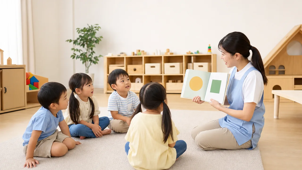 絵本を楽しむ日本人の幼児と保育者（横長・コピースペース）。読み聞かせ、幼児教育、保育園、絵本の記事や案内に使える商用素材です。
