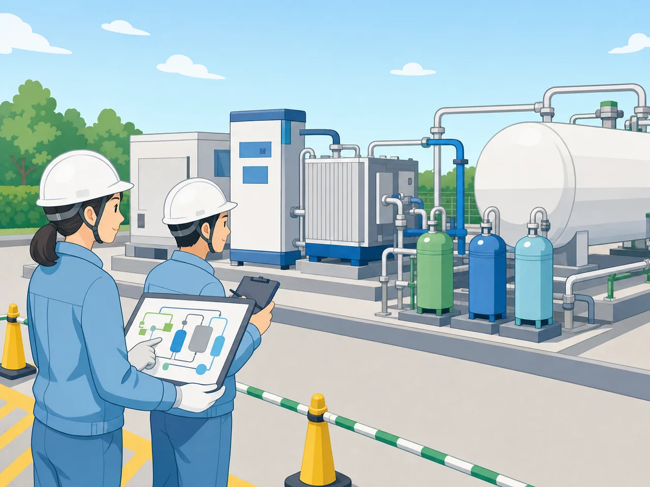水素エネルギー設備を点検する日本人（フラットイラスト）。水素エネルギー、脱炭素、設備点検、エネルギーの記事向け素材です。