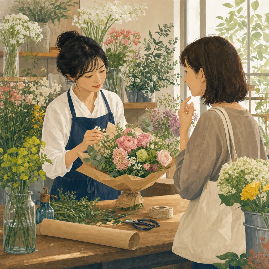 花を束ねる日本人の花屋スタッフ（編集記事向け）。花屋、フローリスト、花束、地域店舗の記事に使える素材です。