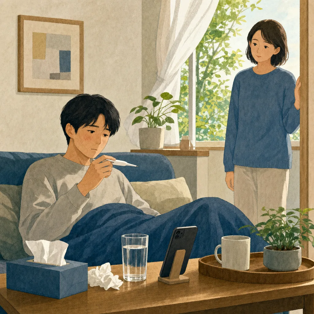 発熱時に自宅で休む日本人（編集記事向け）。発熱、体調不良、自宅療養、セルフケアの記事向け素材です。