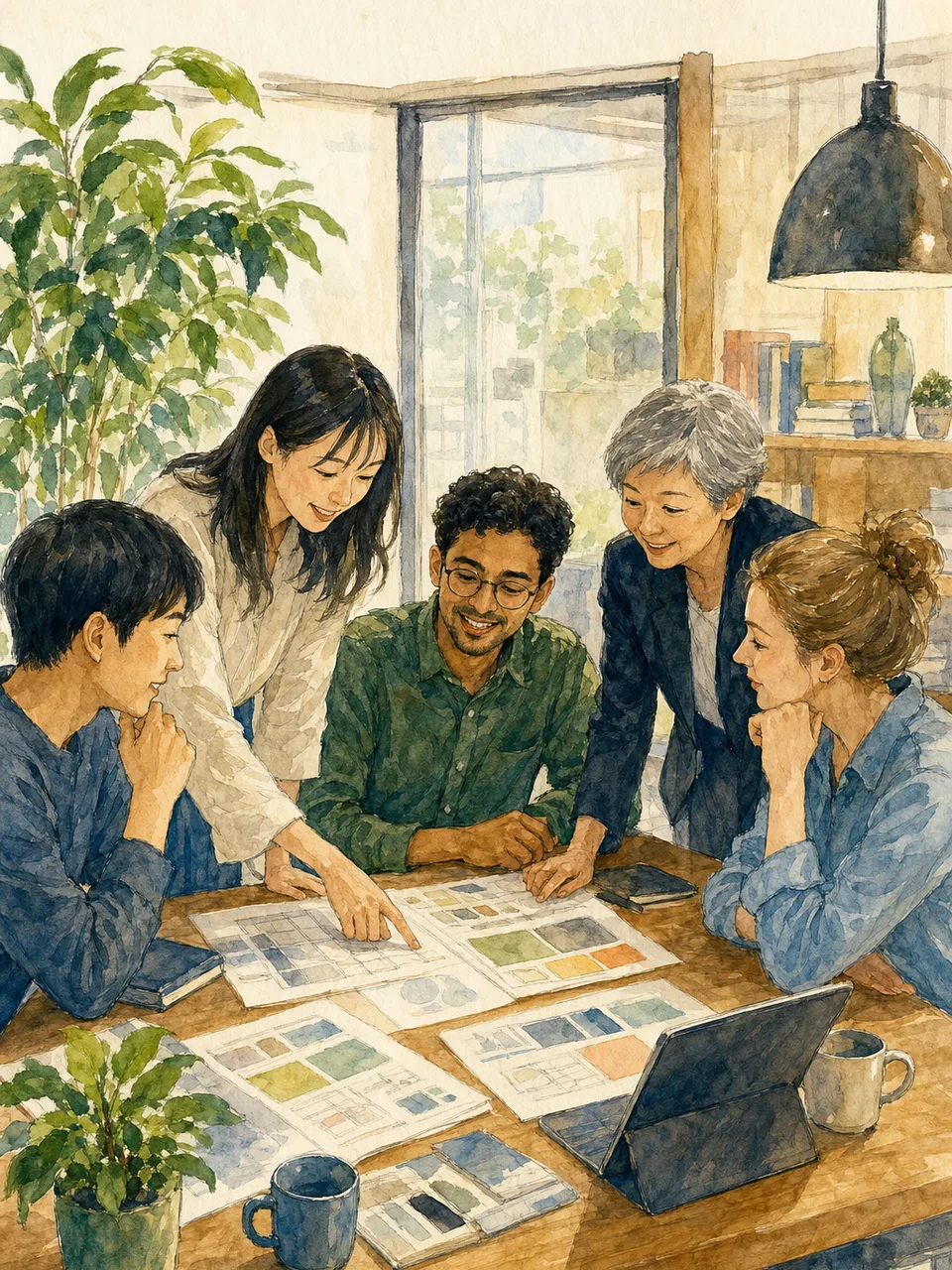 多文化な職場で協働する人々（手描き水彩）。外国人労働者、多文化共生、採用、職場づくりの記事に使える素材です。