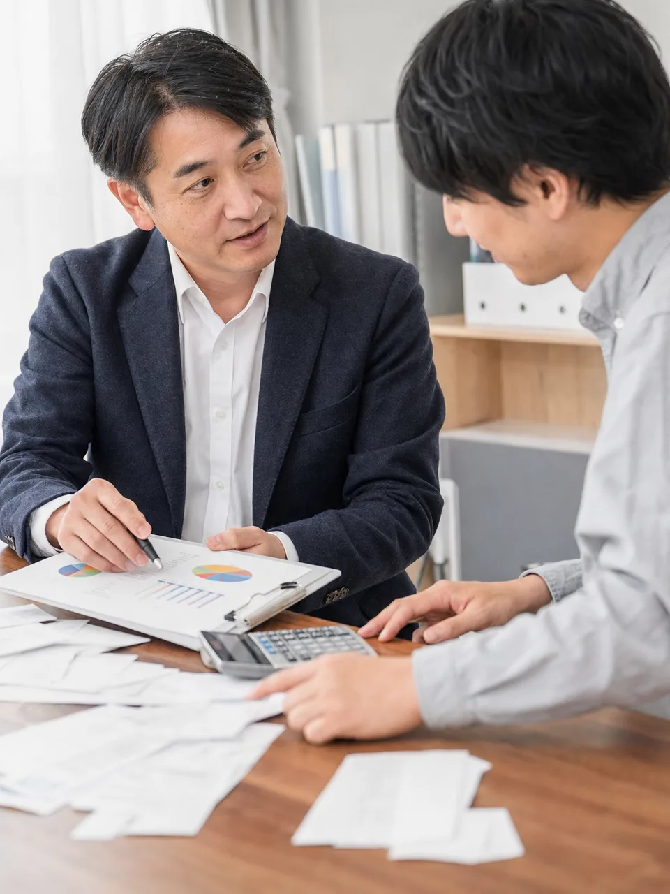 事業者に助言する日本人税理士（自然な縦位置写真）。税理士、確定申告、会計、経営相談の記事に使える素材です。