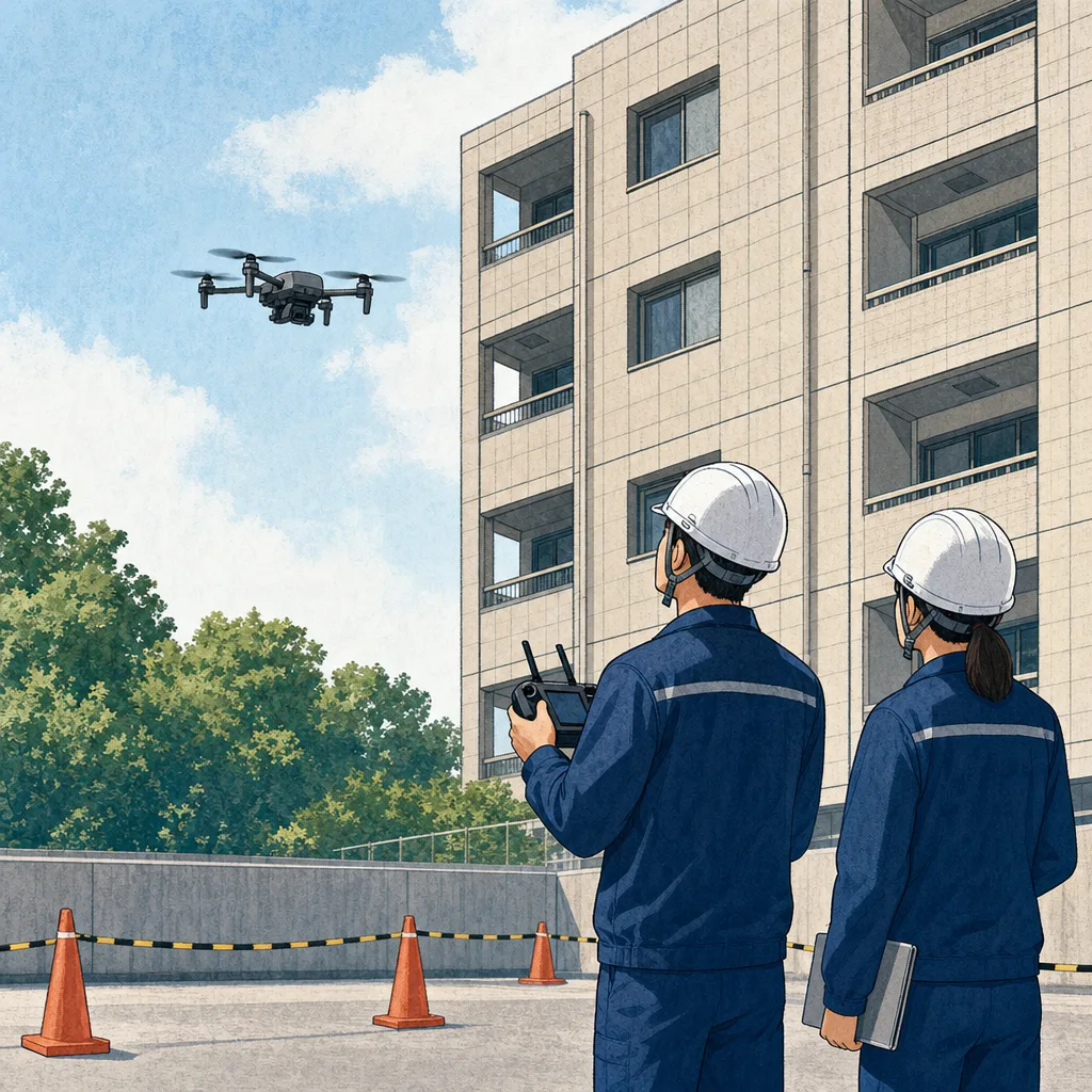 ドローンで建物を点検する日本人技術者（編集記事向け）。ドローン、建物点検、インフラ保守、DXの記事向け技術素材です。