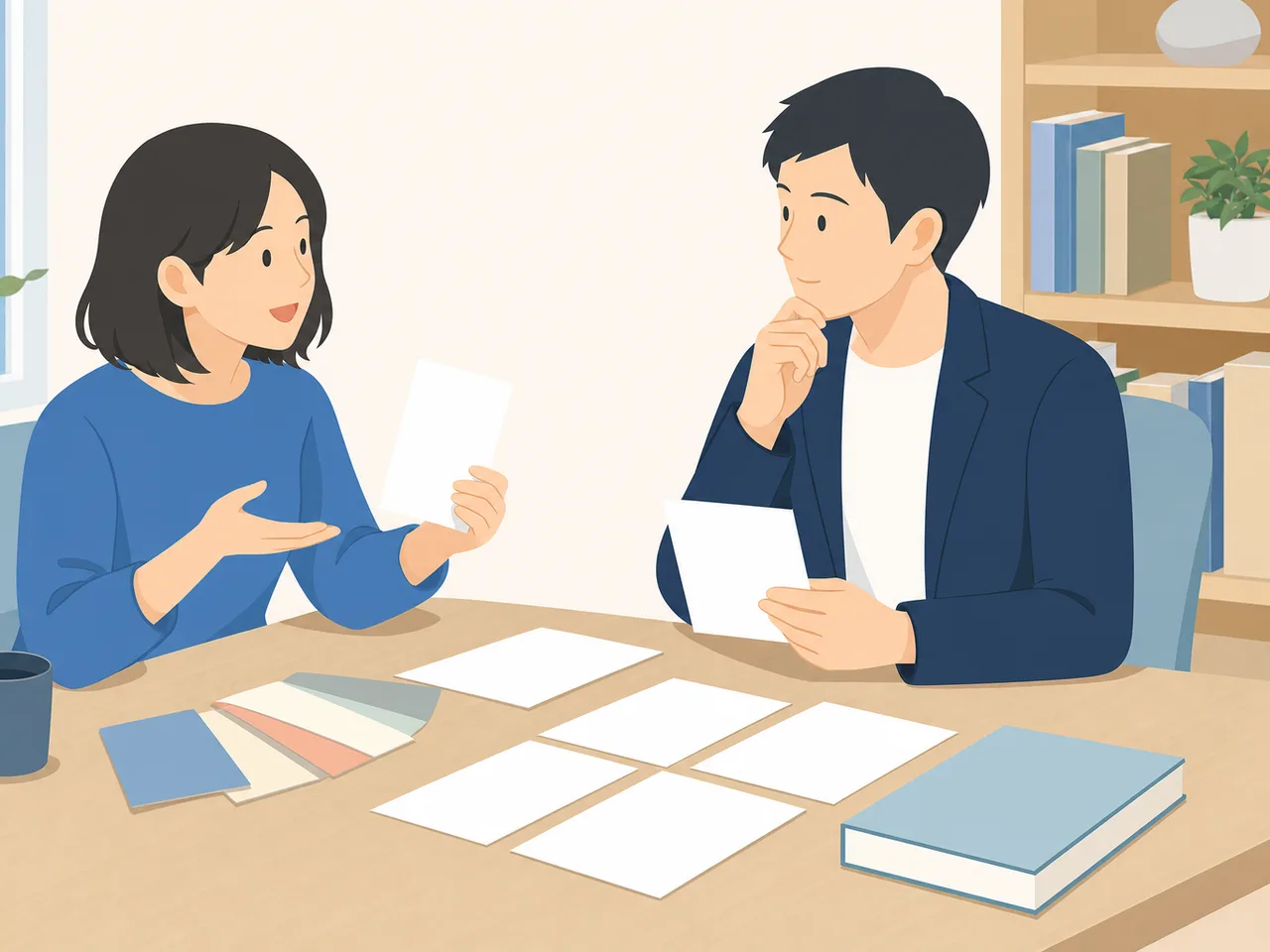本づくりを進める日本人編集者（フラットイラスト）。書籍編集者、編集会議、出版、本づくりの記事や案内に使える商用素材です。