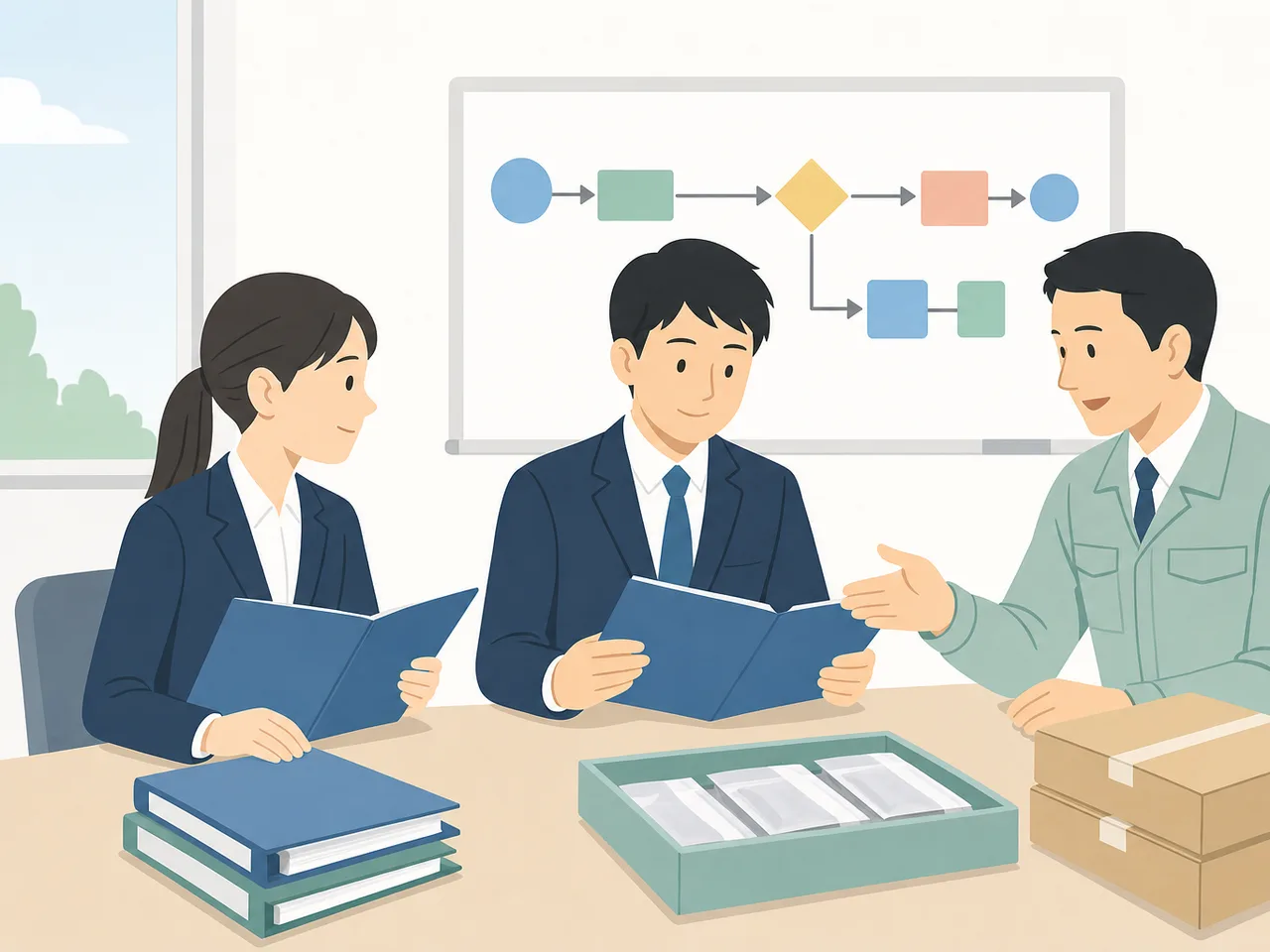 内部監査の確認を行う日本人チーム（フラットイラスト）。内部監査、監査、業務確認、証跡の記事や案内に使える商用素材です。