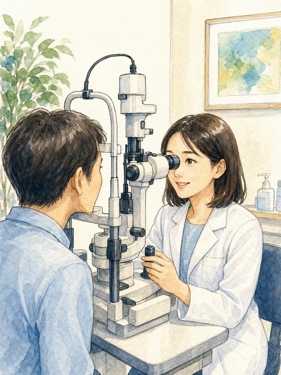 眼科で検査を受ける日本人患者（手描き水彩）。眼科、視力検査、目の健康、医療の記事向け素材です。