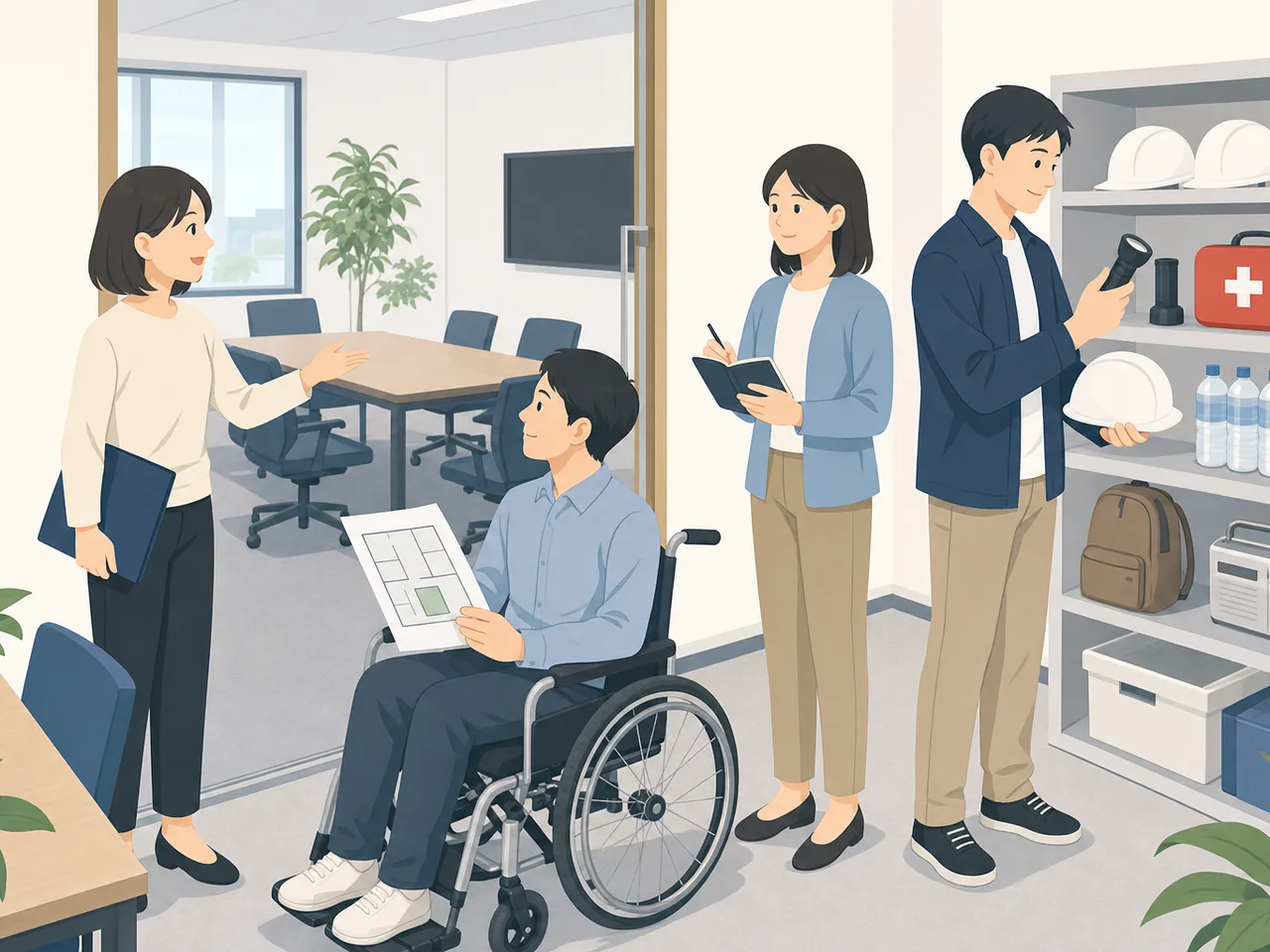 職場を支える日本人総務担当者（フラットイラスト）。総務、職場環境、備品管理、社内調整の記事向け素材です。