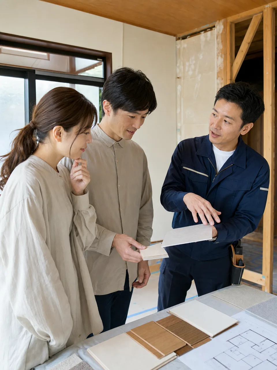 リノベーションを相談する日本人（自然な縦位置写真）。リノベーション、住宅改修、住まい、設計相談の記事向け素材です。