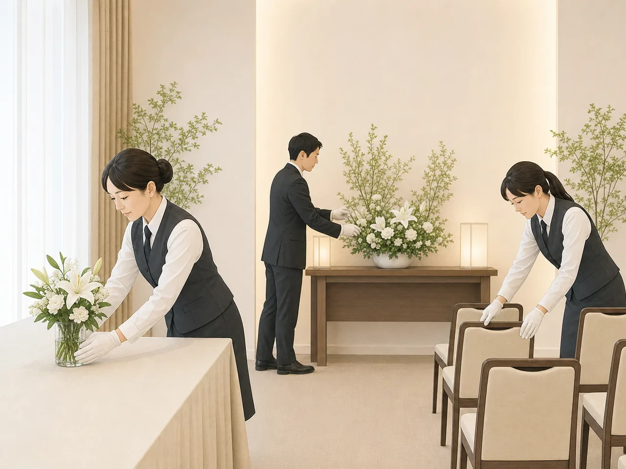 式場を整える日本人葬祭スタッフ（フラットイラスト）。葬祭スタッフ、葬儀社、式場準備、家族支援の記事向け素材です。