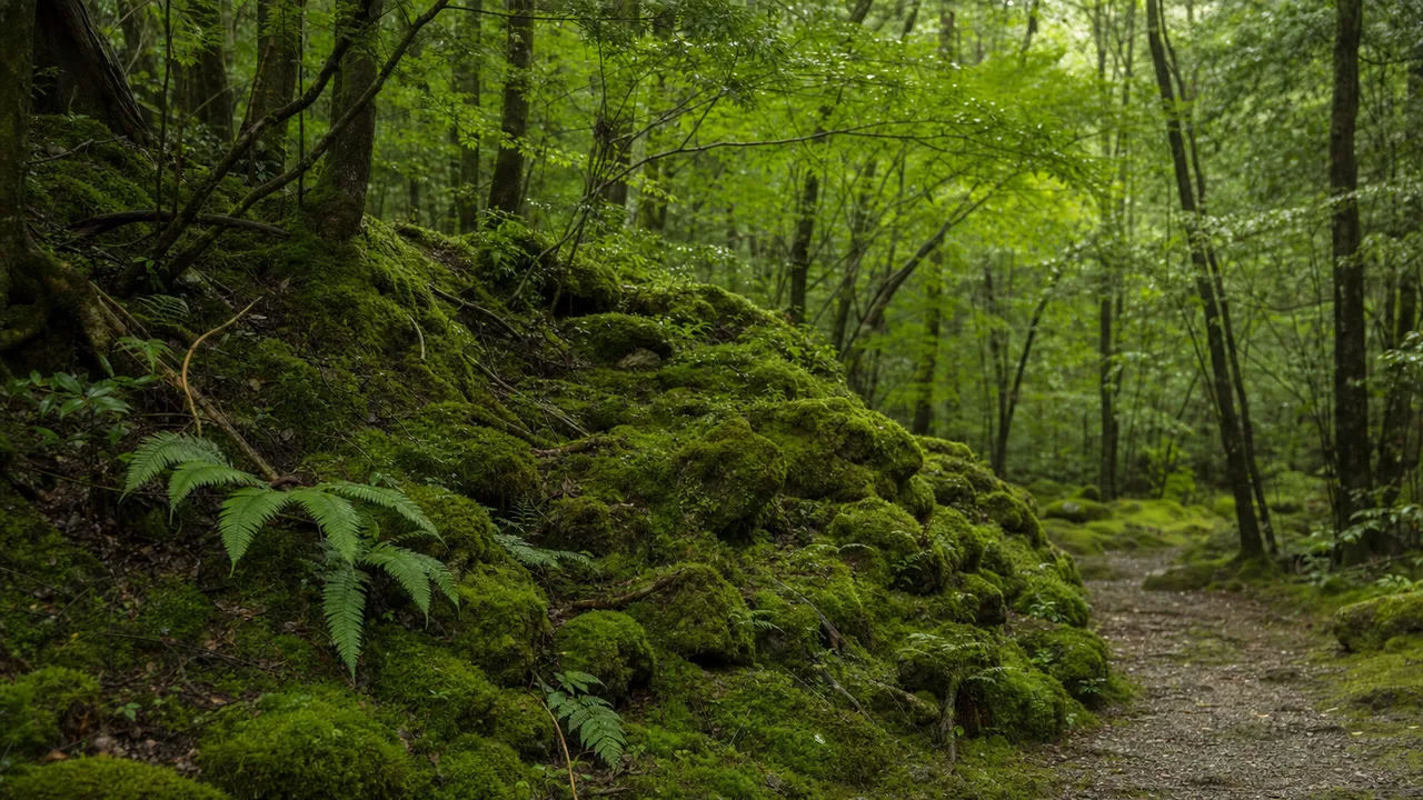 湿潤な日本の苔の森（横長・余白背景）。苔の森、苔、森林、緑の自然向け素材です。