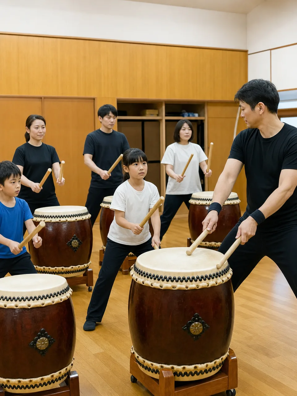 和太鼓を練習する日本人（自然な縦位置写真）。和太鼓、太鼓練習、伝統音楽、地域活動の記事や案内に使える商用素材です。
