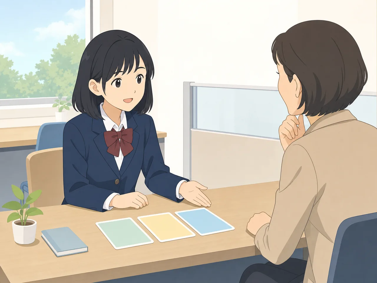 進路相談をする日本人高校生と教師（フラットイラスト）。進路相談、高校生、キャリア教育、進学の記事向け素材です。