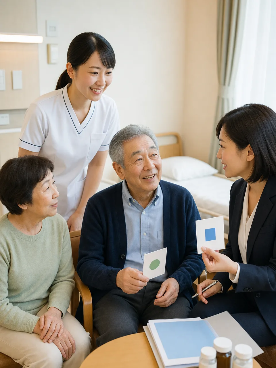 退院後の生活を計画する日本人家族（自然な縦位置写真）。退院支援、退院調整、医療ソーシャルワーカー、家族相談の記事や案内に使える商用素材です。