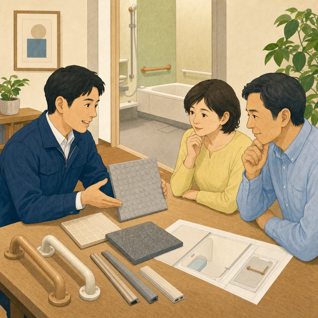 浴室のバリアフリー改修を相談する日本人（編集記事向け）。浴室リフォーム、バリアフリー、手すり、高齢者住宅の記事や案内に使える商用素材です。