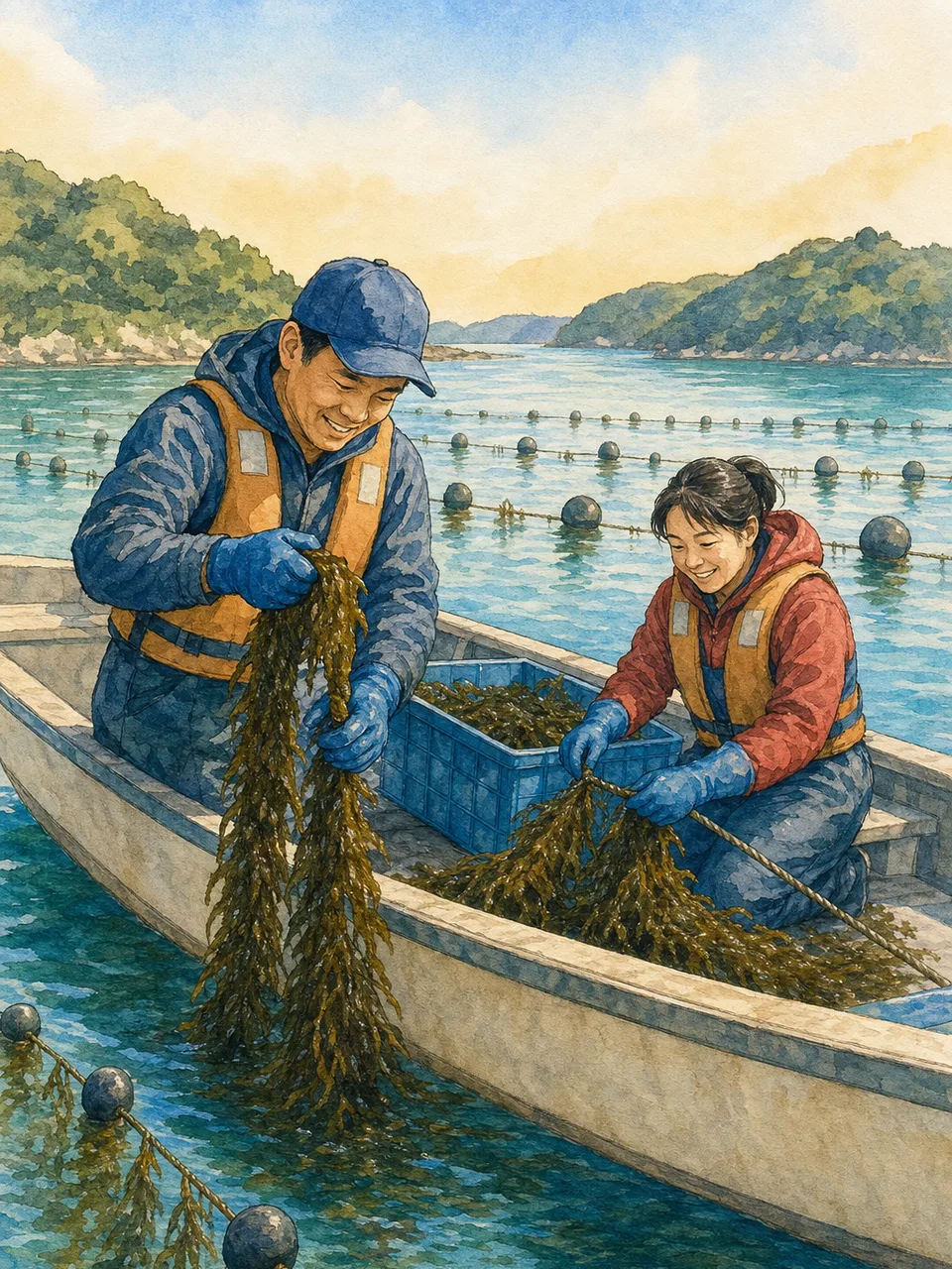 海藻を収穫する日本人漁業者（手描き水彩）。海藻養殖、海苔、わかめ、水産業の記事や案内に使える商用素材です。