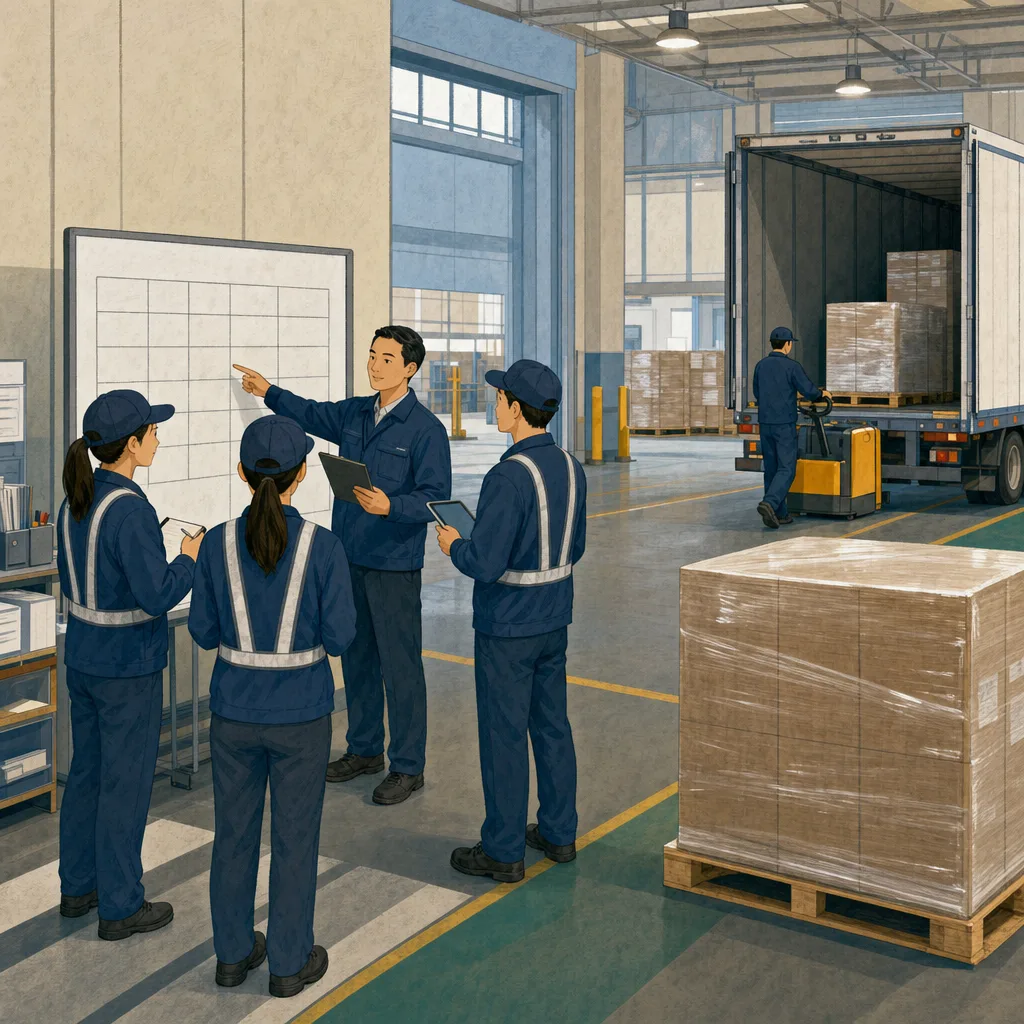 物流センターで出荷を管理する日本人（編集記事向け）。物流センター、出荷管理、サプライチェーンの記事に使える素材です。