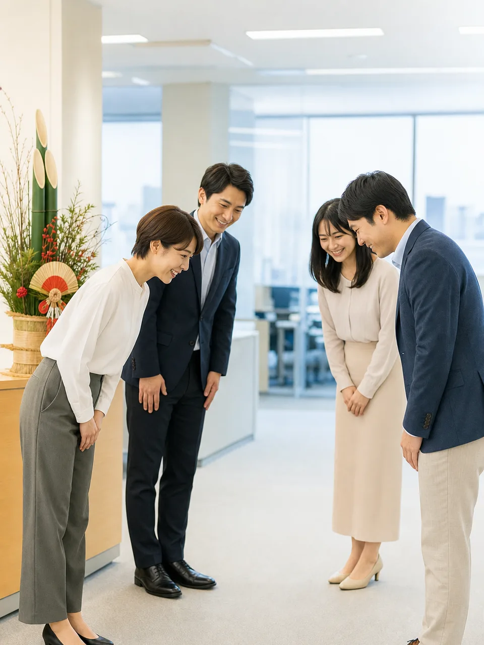 日本企業の新年の挨拶（自然な縦位置写真）。企業の年始挨拶、仕事始め、広報に使いやすい、日本人ビジネスチームの新年素材です。