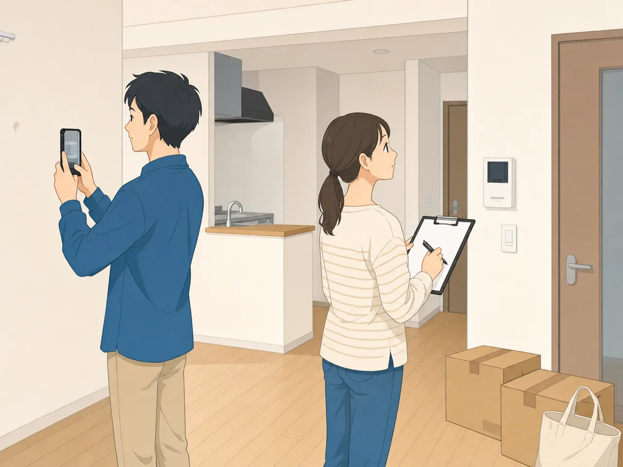 賃貸住宅の入居前点検をする日本人（フラットイラスト）。賃貸入居点検、引越し、部屋確認、住まいの記事向け素材です。