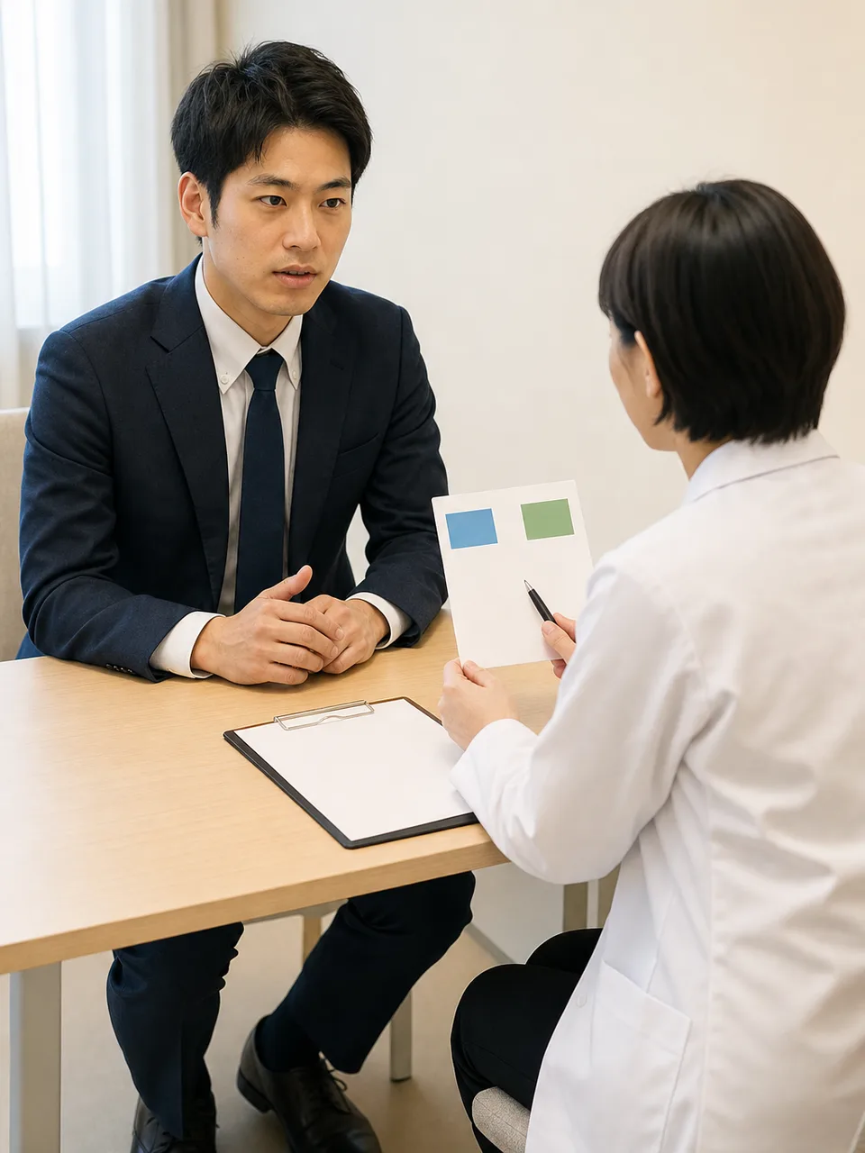 産業保健面談を受ける日本人会社員（自然な縦位置写真）。産業保健、産業医面談、職場の健康、メンタルヘルスの記事や案内に使える商用素材です。