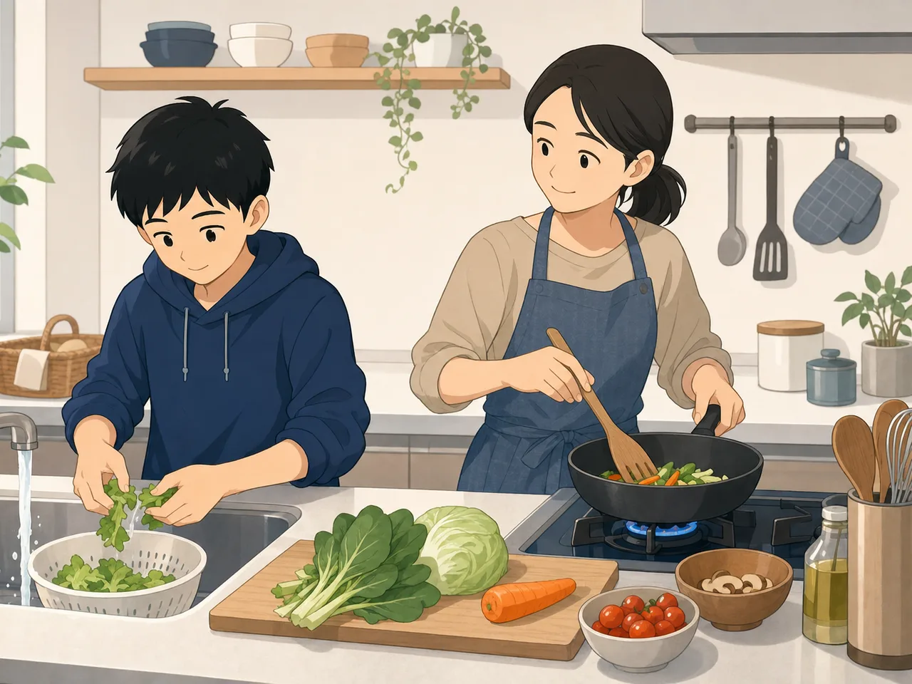 一緒に料理する日本人の母と息子（フラットイラスト）。母と息子、親子料理、家事、食育の記事向け素材です。