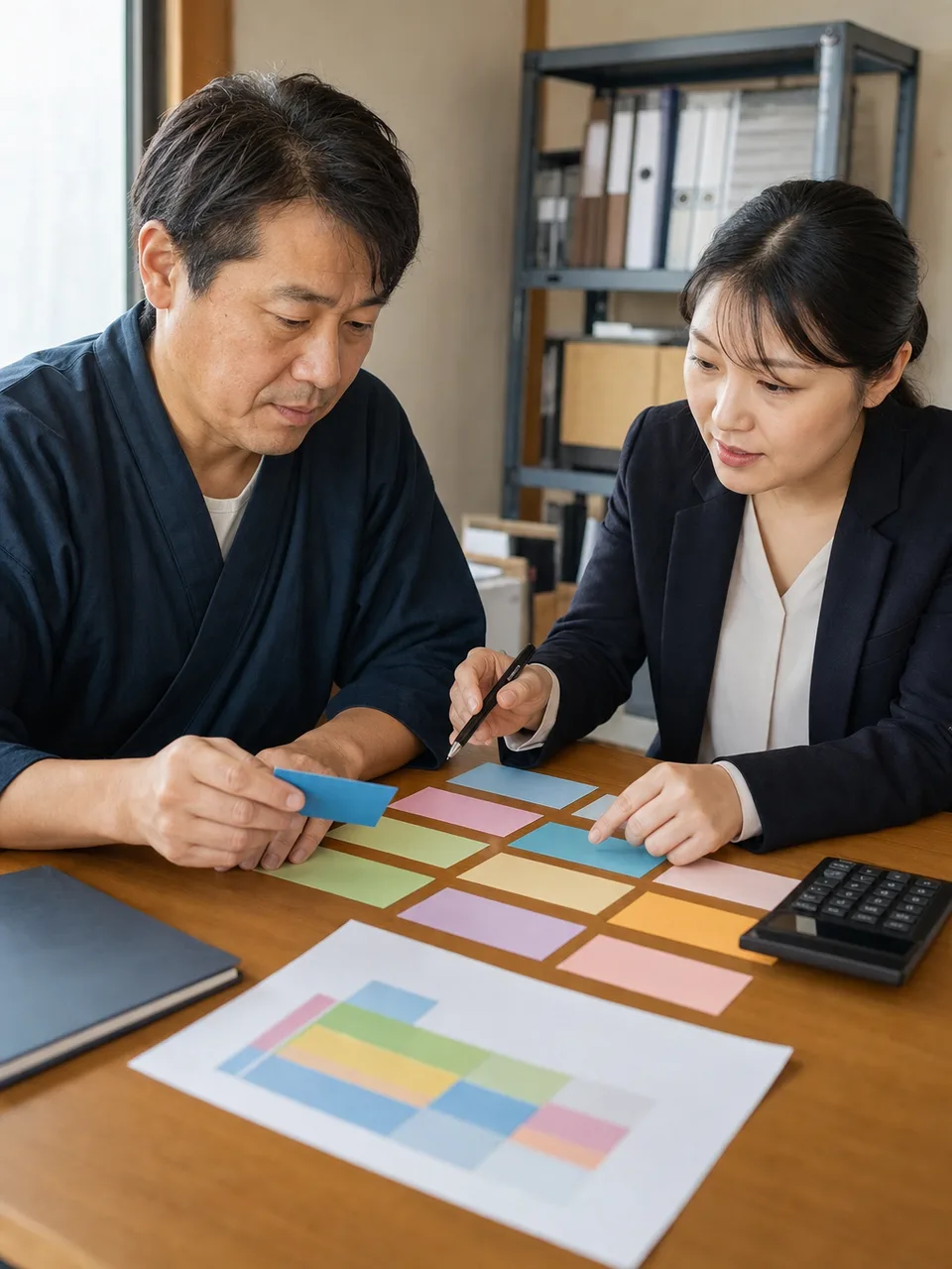 資金繰りを確認する日本の中小企業（自然な縦位置写真）。資金繰り、中小企業、経営、会計の記事や案内に使える商用素材です。