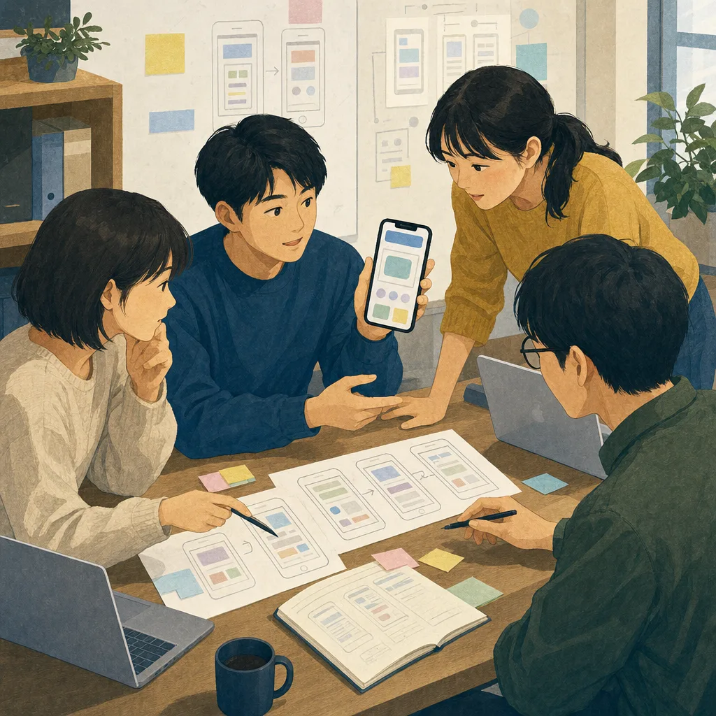アプリ開発をする日本人チーム（編集記事向け）。アプリ開発、ソフトウェア開発、エンジニア、チームの記事向け素材です。