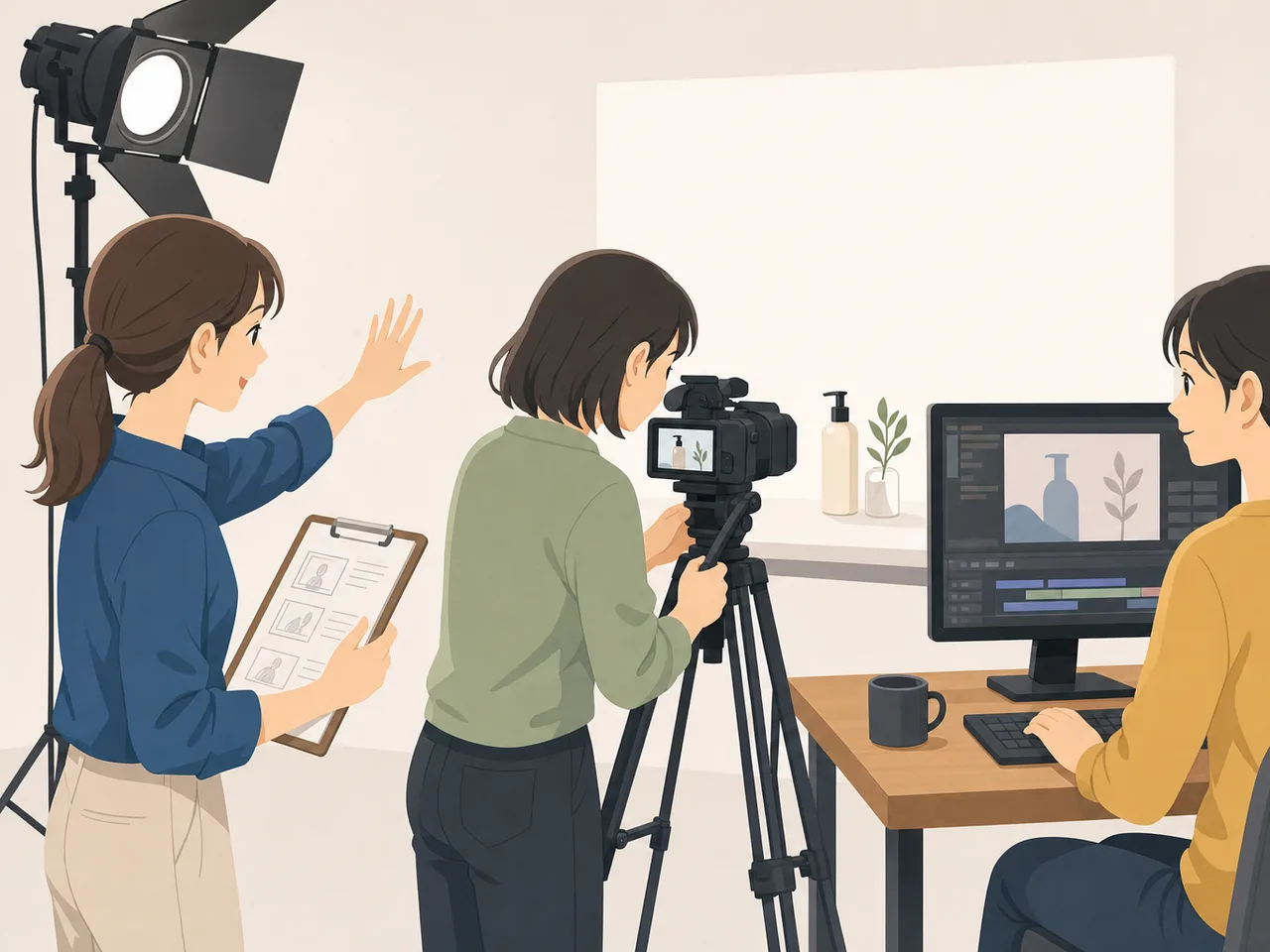動画制作に取り組む日本人チーム（フラットイラスト）。動画制作、映像クリエイター、撮影、編集の記事向け素材です。