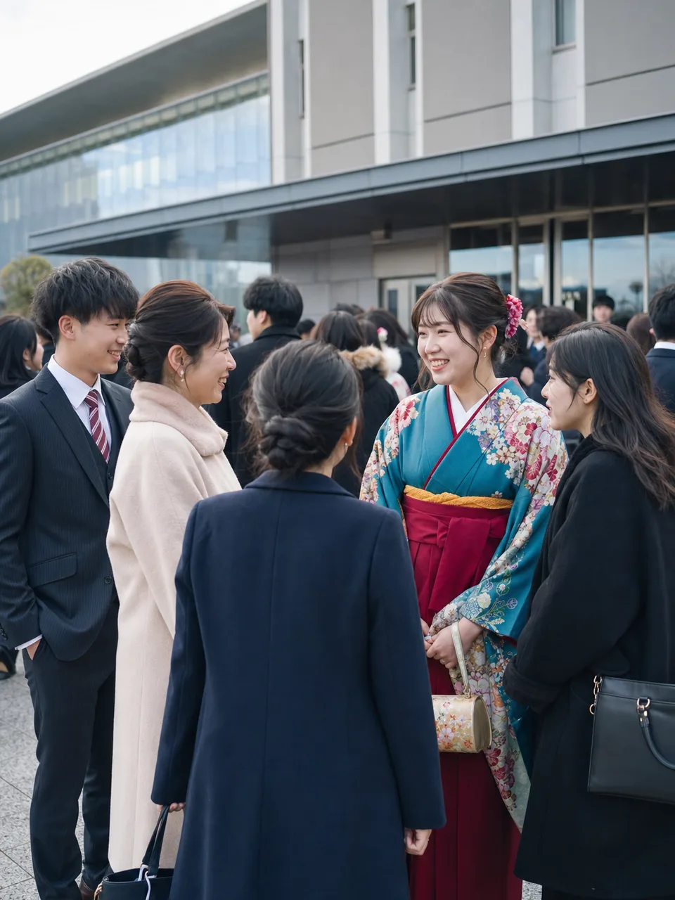 成人式を迎える日本人の若者（自然な縦位置写真）。成人式、二十歳、家族、冬の行事の記事向け素材です。
