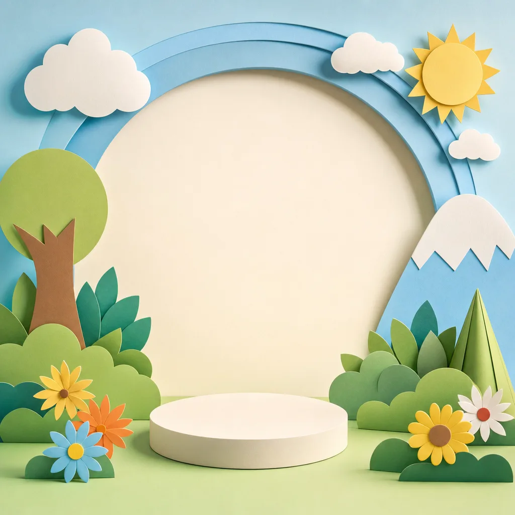 子ども向けの明るい背景（立体ディスプレイ）。子ども向け背景、教育、遊び、明るいデザイン向け素材です。