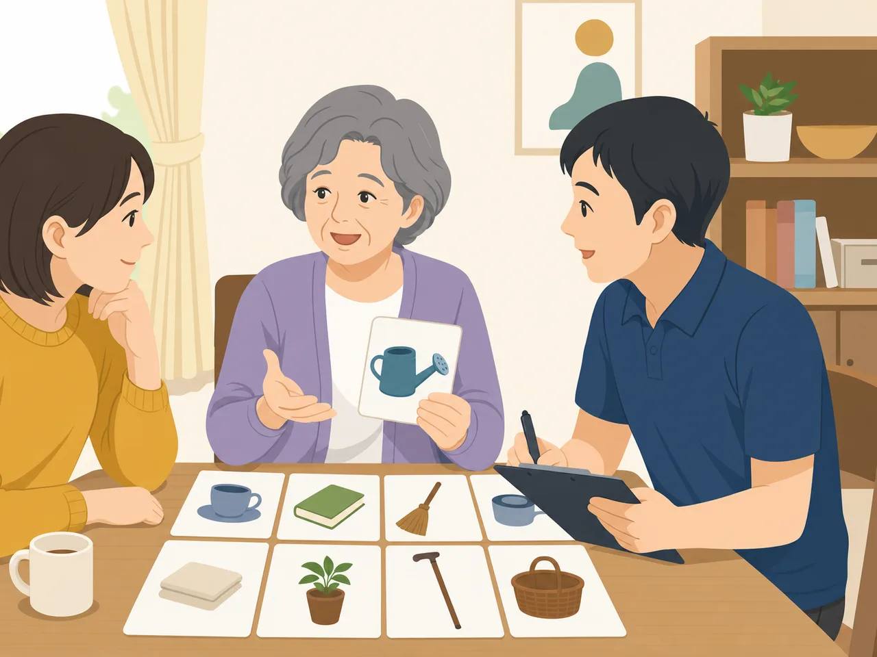 認知症支援を話し合う日本人家族（フラットイラスト）。認知症支援、家族相談、高齢者ケア、介護相談の記事や案内に使える商用素材です。