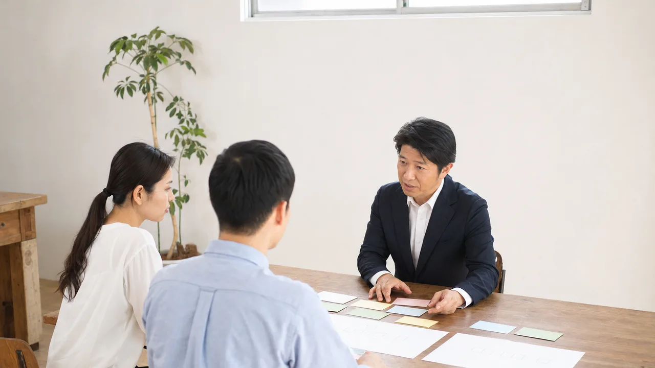 社会保険労務士に相談する日本人事業者（横長・コピースペース）。社会保険労務士、労務管理、社会保険、事業支援の記事向け素材です。
