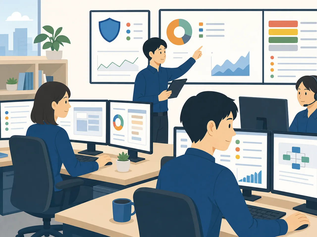 セキュリティ監視を行う日本人チーム（フラットイラスト）。SOCのインシデント対応、セキュリティ運用センター、SOCアナリスト、セキュリティ監視の記事や案内に使える商用素材です。