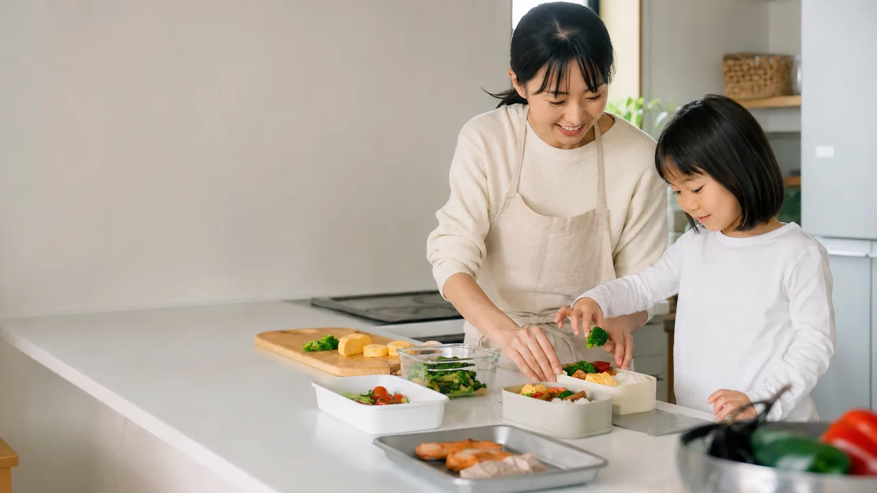 家族のお弁当を作る日本人（横長・コピースペース）。弁当、家事、子育て、食品や生活サービスに使える朝の調理素材です。
