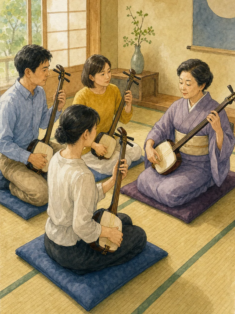 三味線を学ぶ日本人（手描き水彩）。三味線、伝統音楽、楽器教室、日本文化の記事や案内に使える商用素材です。