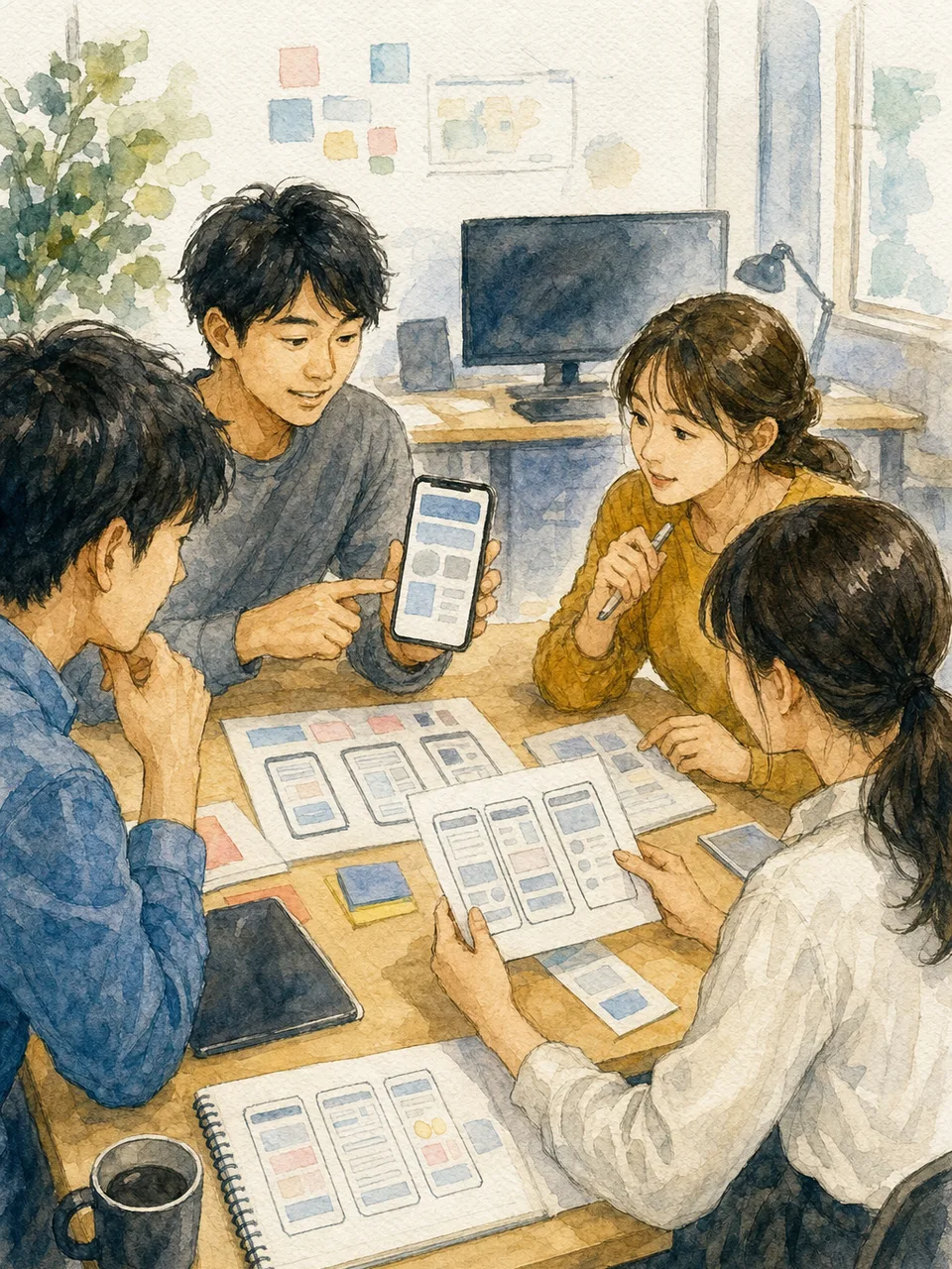 アプリ開発をする日本人チーム（手描き水彩）。アプリ開発、ソフトウェア開発、エンジニア、チームの記事向け素材です。