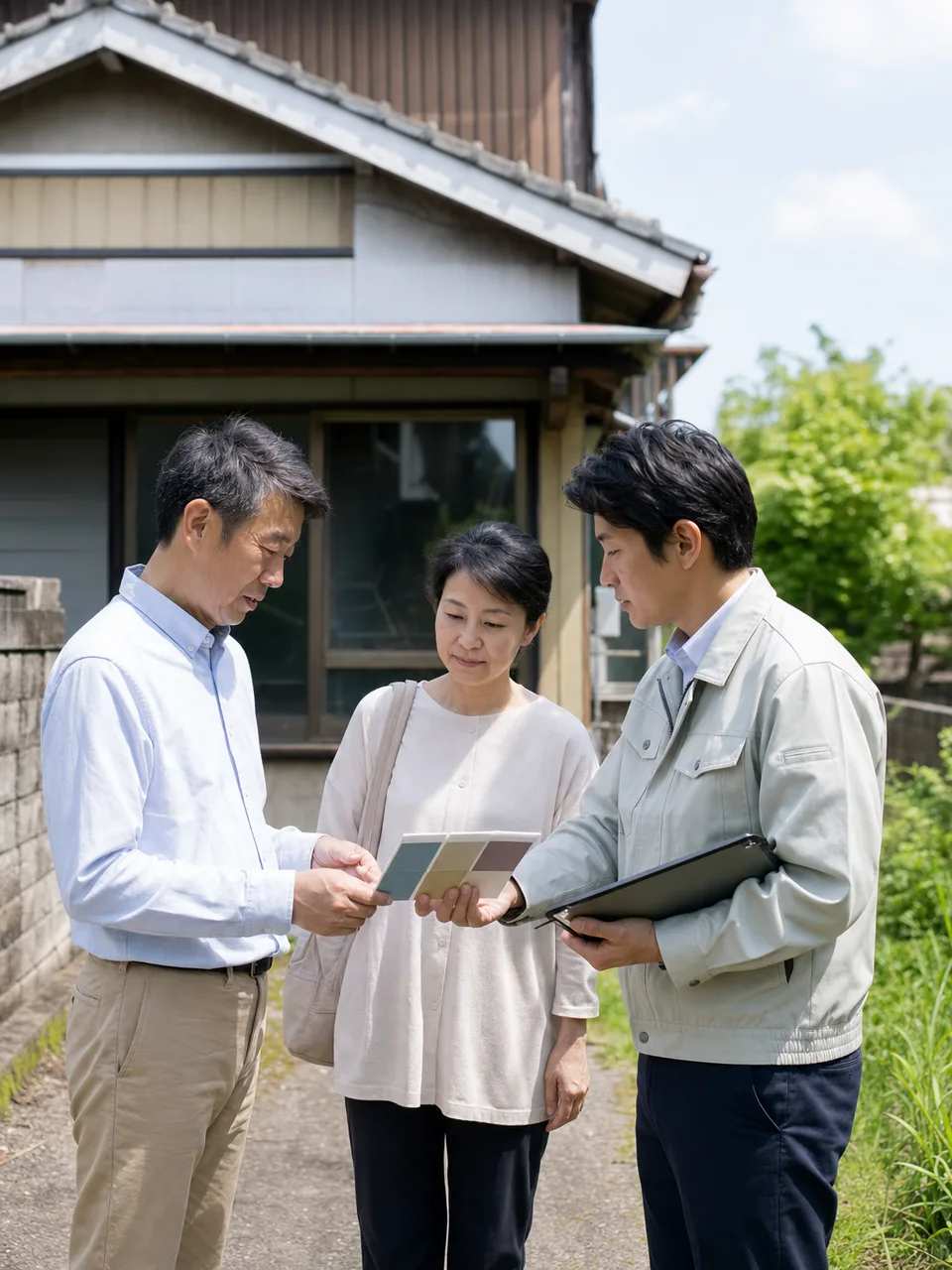 空き家の活用を相談する日本人（自然な縦位置写真）。空き家、住宅活用、地域課題、相続の記事向け素材です。