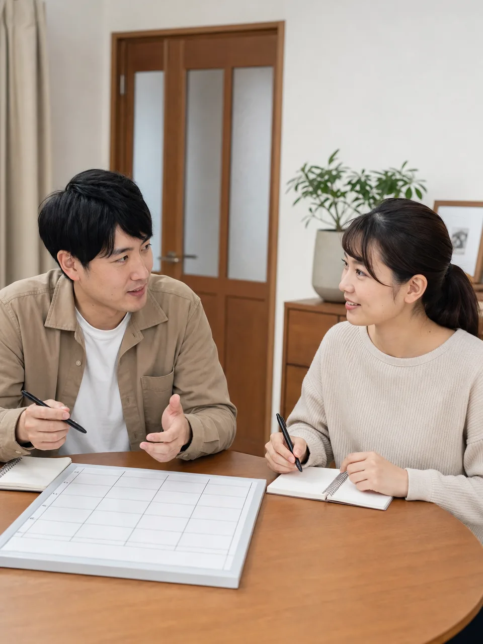 家族の役割を話し合う日本人の成人きょうだい（自然な縦位置写真）。成人きょうだい、兄弟姉妹、家族会議、協力の記事向け素材です。