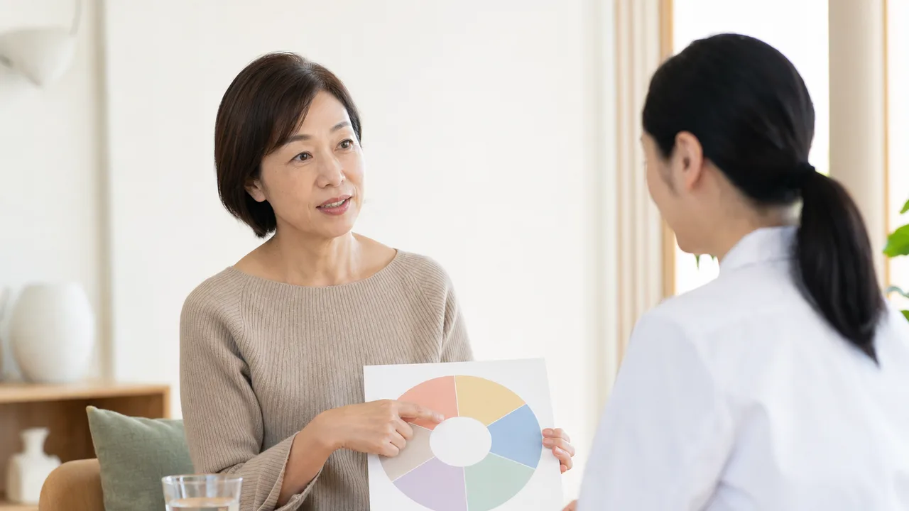更年期の健康を相談する日本人女性（横長・コピースペース）。更年期相談、女性の健康、更年期、婦人科相談の記事や案内に使える商用素材です。