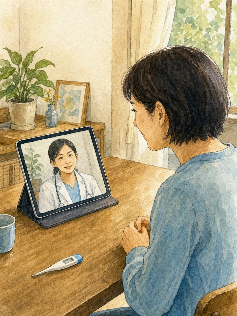 遠隔医療を利用する日本人患者（手描き水彩）。遠隔医療、オンライン診療、在宅医療、デジタルヘルスの記事向け素材です。