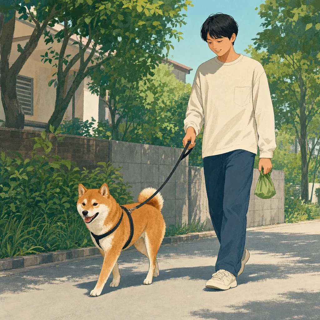 柴犬と散歩する日本人（編集記事向け）。柴犬、犬の散歩、ペットとの暮らし、日常の記事向け素材です。