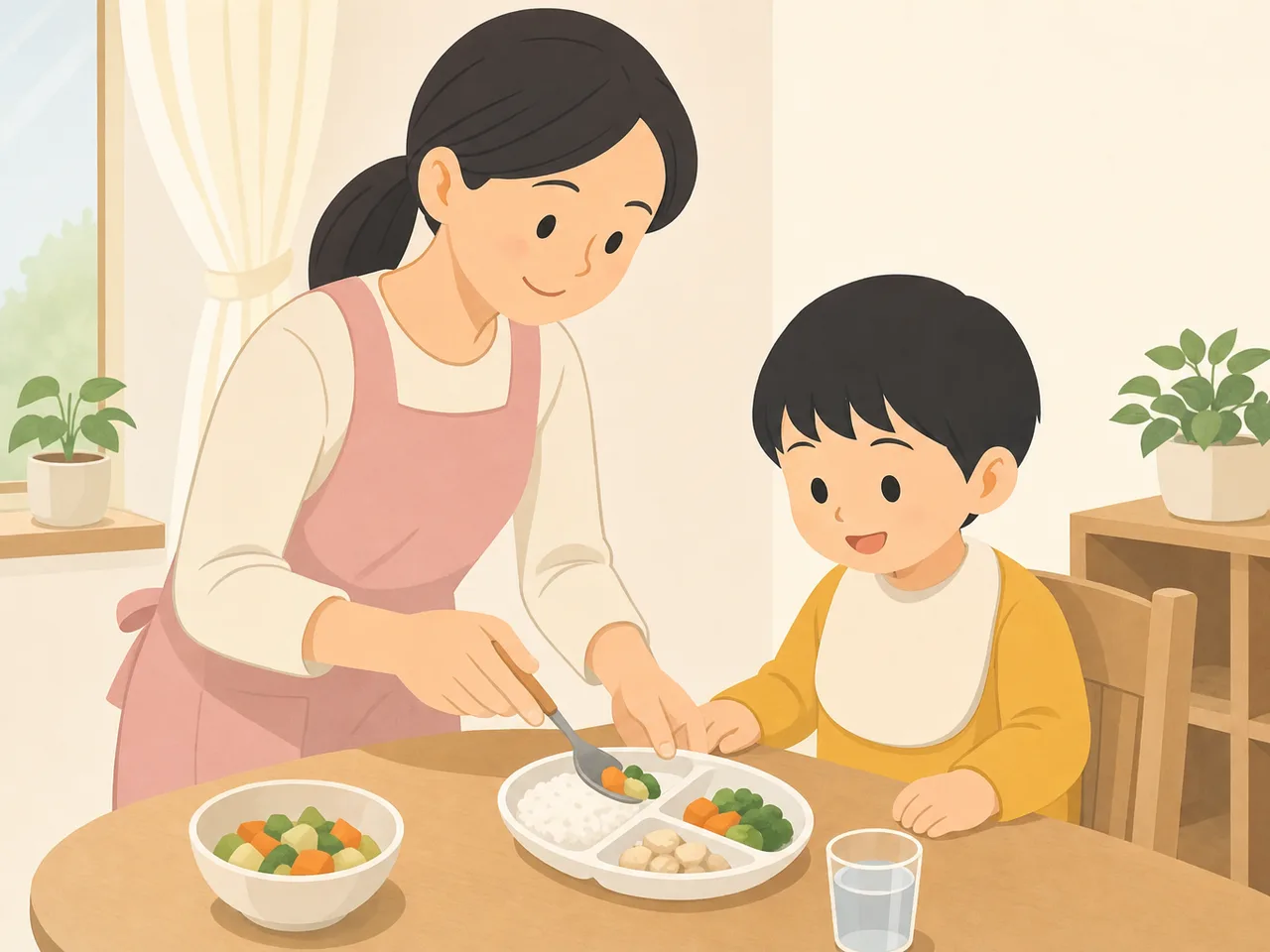 子どもの昼食を盛り付ける日本人（フラットイラスト）。子どもの昼食、幼児食、食育、家庭料理の記事や案内に使える商用素材です。