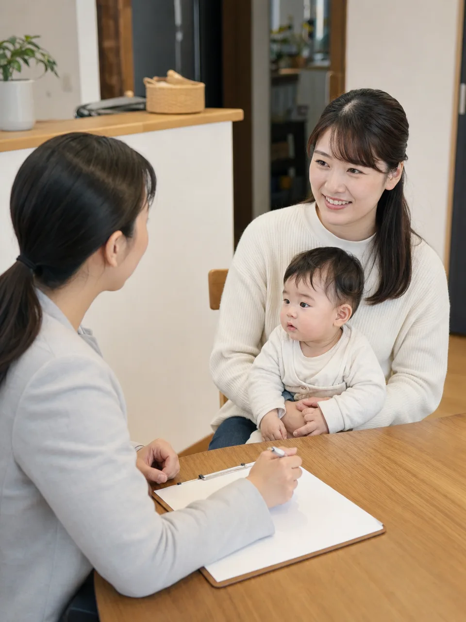 家庭訪問で相談を受ける日本人保健師（自然な縦位置写真）。保健師、家庭訪問、健康相談、地域保健の記事向け素材です。