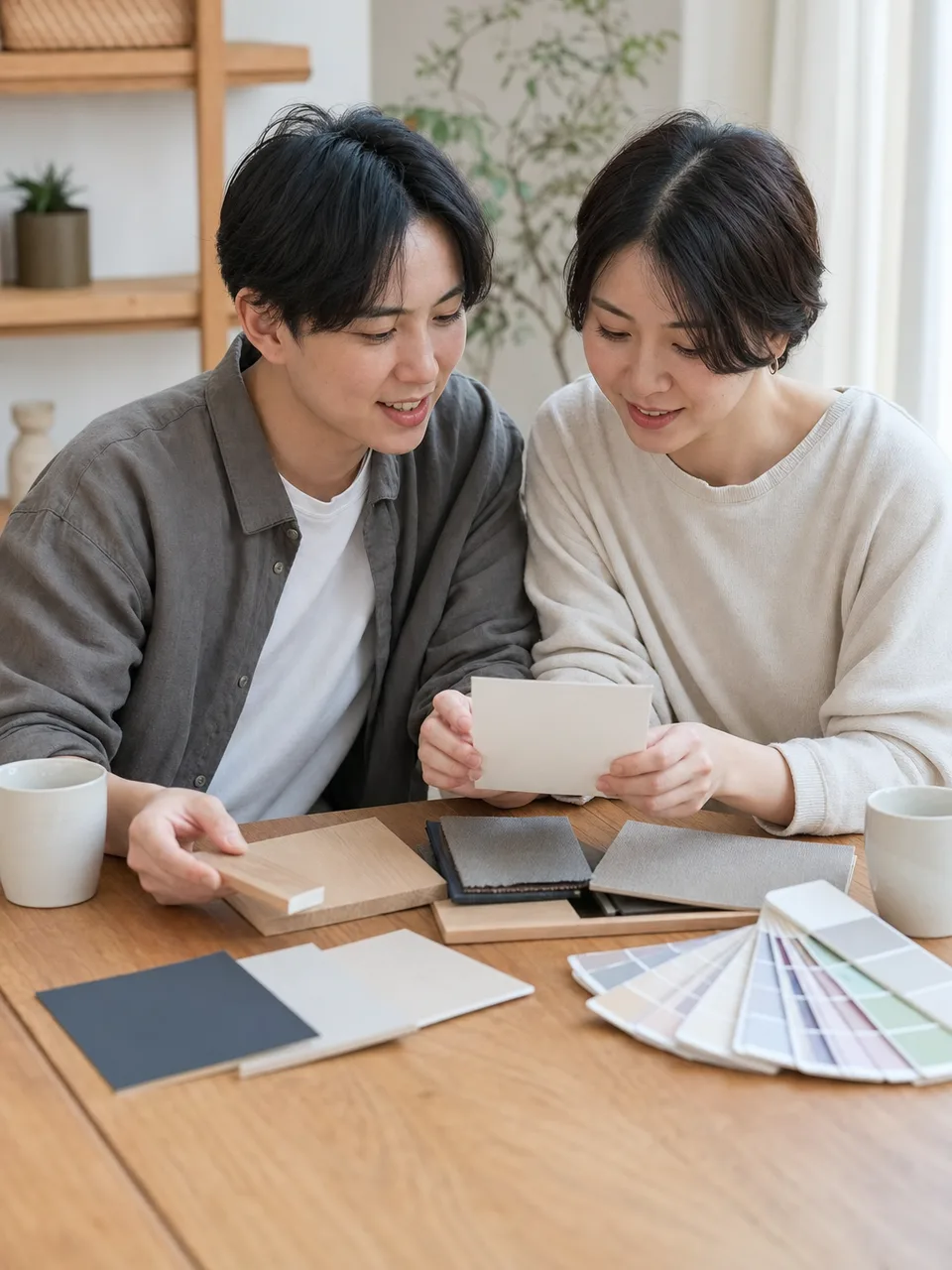 新生活を計画する日本人同性カップル（自然な縦位置写真）。同性カップルの住宅相談、二人暮らしの住まい計画、同性カップル、LGBTQの記事や案内に使える商用素材です。