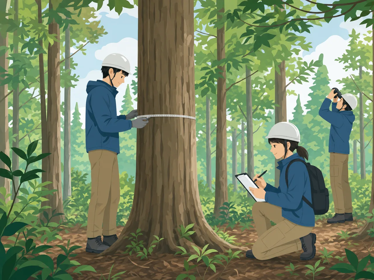 森林を調査する日本人研究者（フラットイラスト）。森林調査、森林炭素、林業、樹木測定の記事や案内に使える商用素材です。